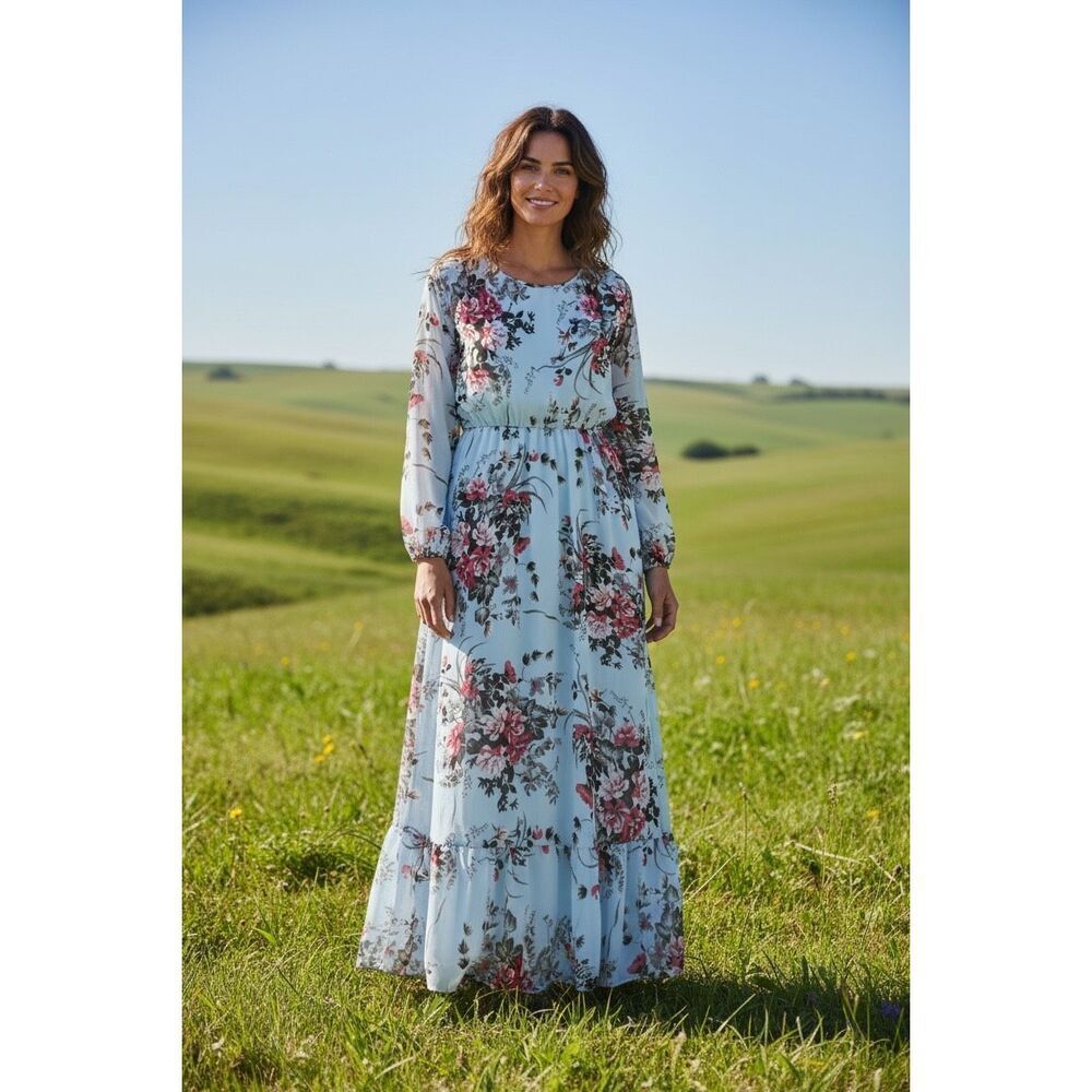 Blue Floral Boho Maxi Dress L